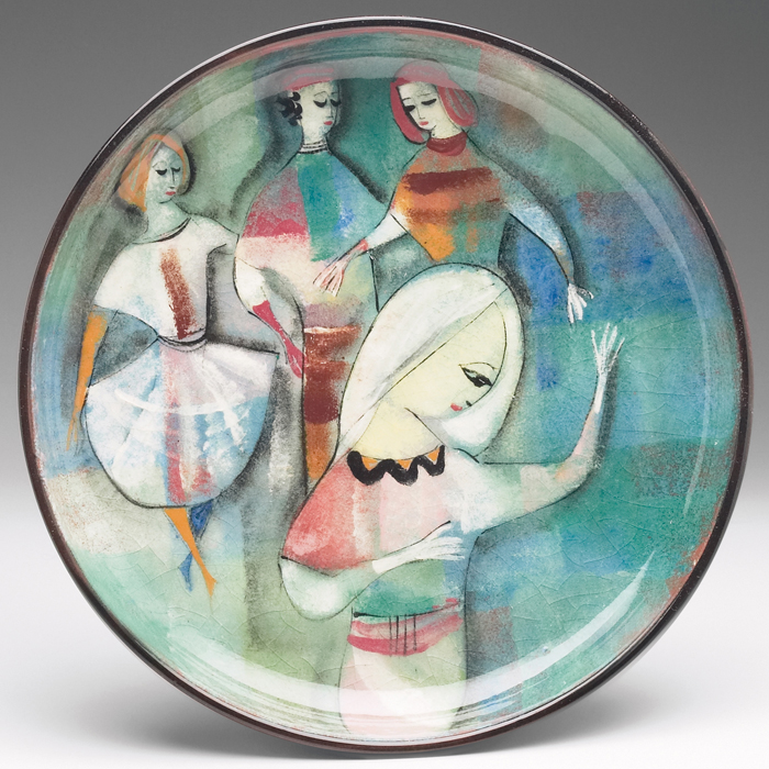 Appraisal: Polia Pillin charger largeform with colorfully painteddancing figures signed ''w