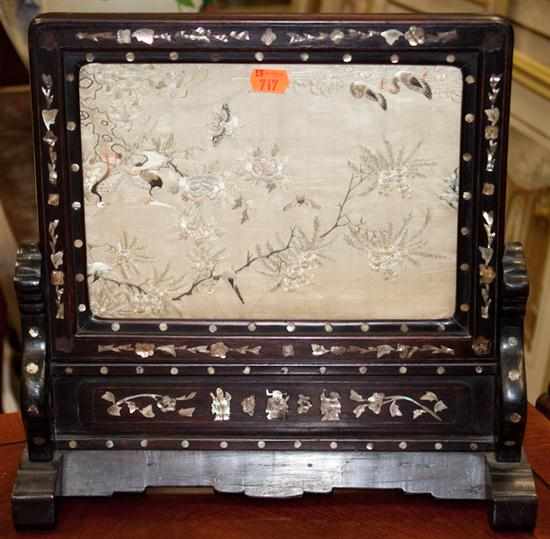 Appraisal: Chinese Export mother-of-pearl inlaid hardwood candle screen with silk upholstered