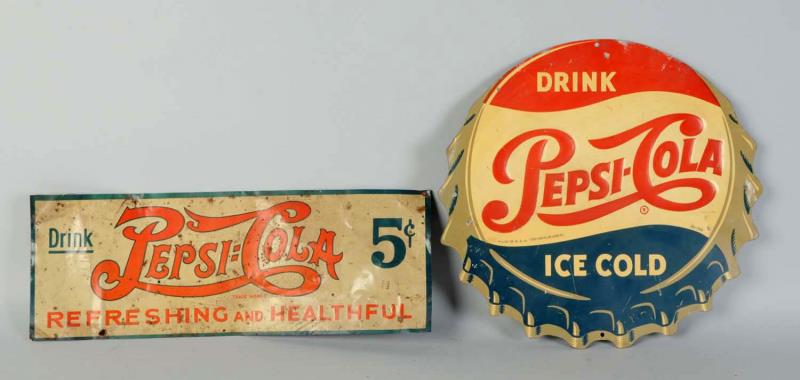 Appraisal: Lot of Tin Pepsi Signs This lot includes a bottle