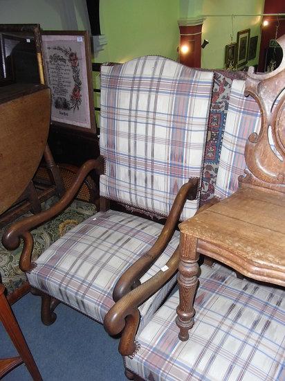 Appraisal: A PAIR OF FRENCH OAK OPEN ARM ELBOW CHAIRS reupholstered