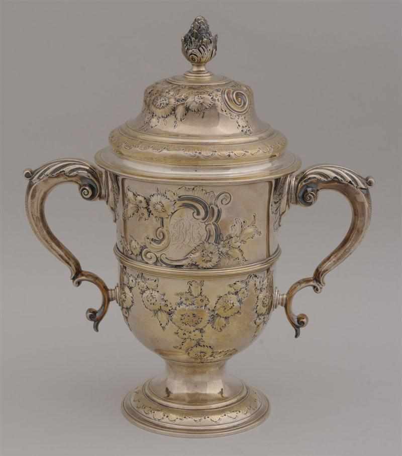 Appraisal: GEORGE II CRESTED AND MONOGRAMMED SILVER TWO-HANDLED CUP AND COVER