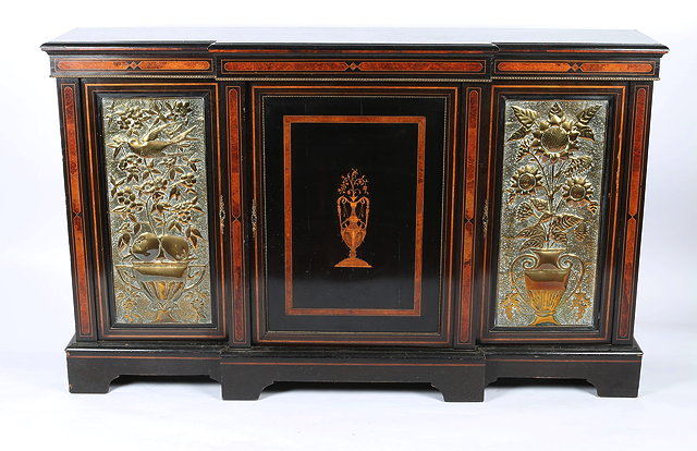 Appraisal: A LATE VICTORIAN EBONISED BREAK FRONT SIDE CABINET with marquetry