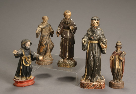 Appraisal: Five Spanish Colonial Painted Wood Santos Figures th- th Century