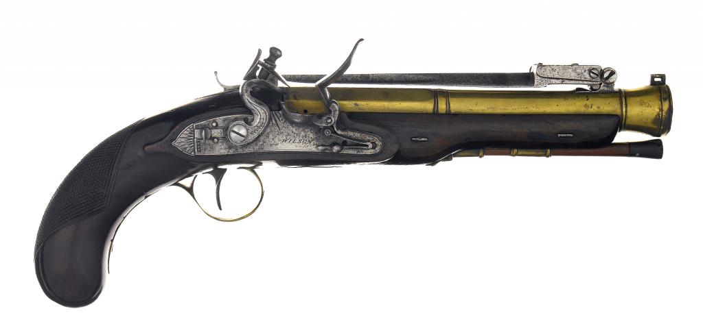 Appraisal: A FLINTLOCK BLUNDERBUSS PISTOL the cm swamped brass barrel belled