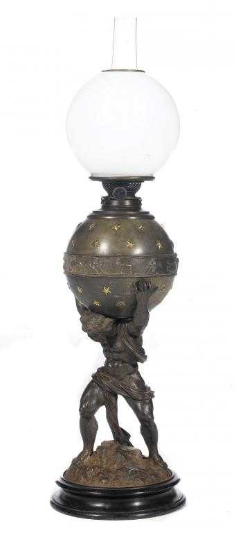 Appraisal: A PATINATED SPELTER FIGURAL OIL LAMP ENGLISH OR FRENCH in