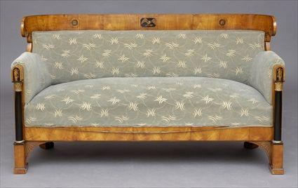 Appraisal: BIEDERMEIER FRUITWOOD SETTEE WITH PENWORK PLAQUES The curved top rail