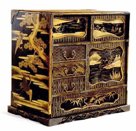 Appraisal: Miniature Japanese gilt and lacquered cabinet Meiji-Taisho period - extensive