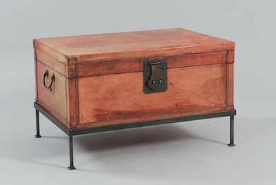 Appraisal: A Red Leather Trunk on a Steel Stand Measuring apprx