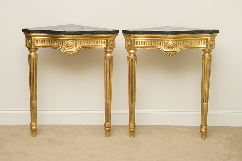 Appraisal: Two Louis XVI Style Giltwood Corner Console Tables Modern With