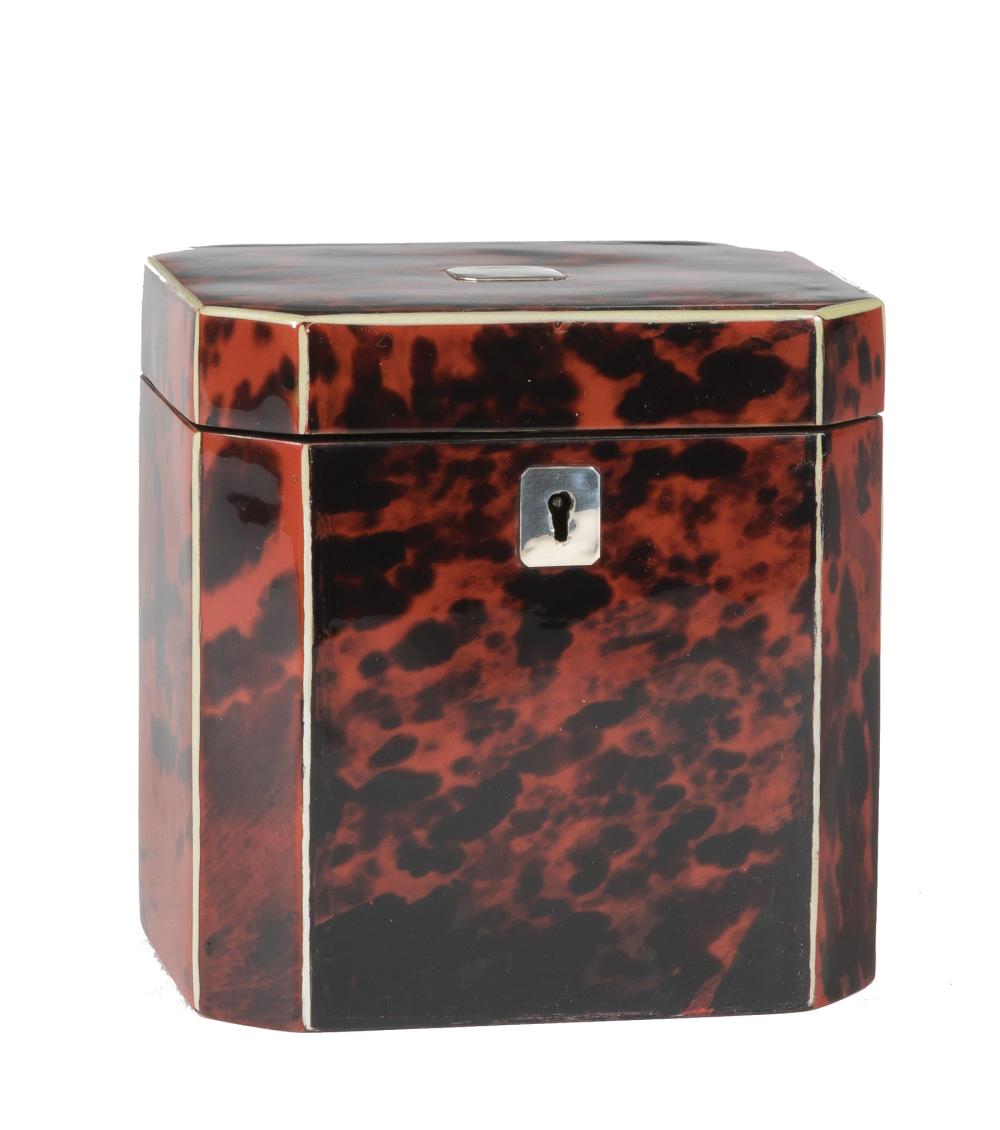 Appraisal: George III Tortoiseshell Tea Caddy th c canted corners interior