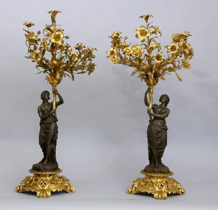 Appraisal: PAIR OF LOUIS XV-STYLE GILT-BRONZE AND BRONZE EIGHT-LIGHT CANDELABRA Each