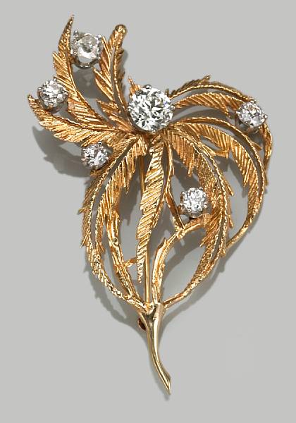 Appraisal: A diamond and k gold leaf motif brooch estimated center