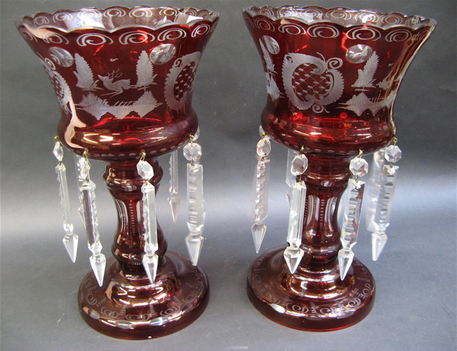 Appraisal: PAIR RUBY-RED BOHEMIAN GLASS LUSTRES c with red cut to