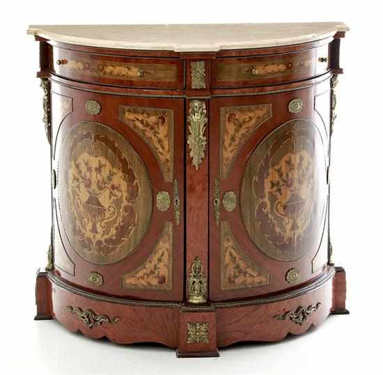 Appraisal: Continental style bronze-mounted kingwood inlaid cabinet beige-veined marble top over