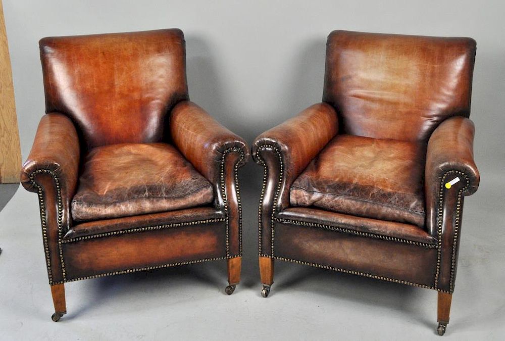 Appraisal: Pair Brown Leather Club Chairs on square mahogany tapered legs