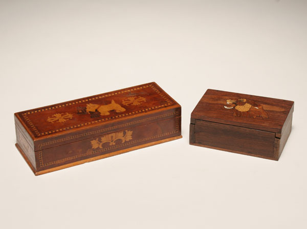 Appraisal: Two inlaid marquetry wooden boxes long box decorated with scotties