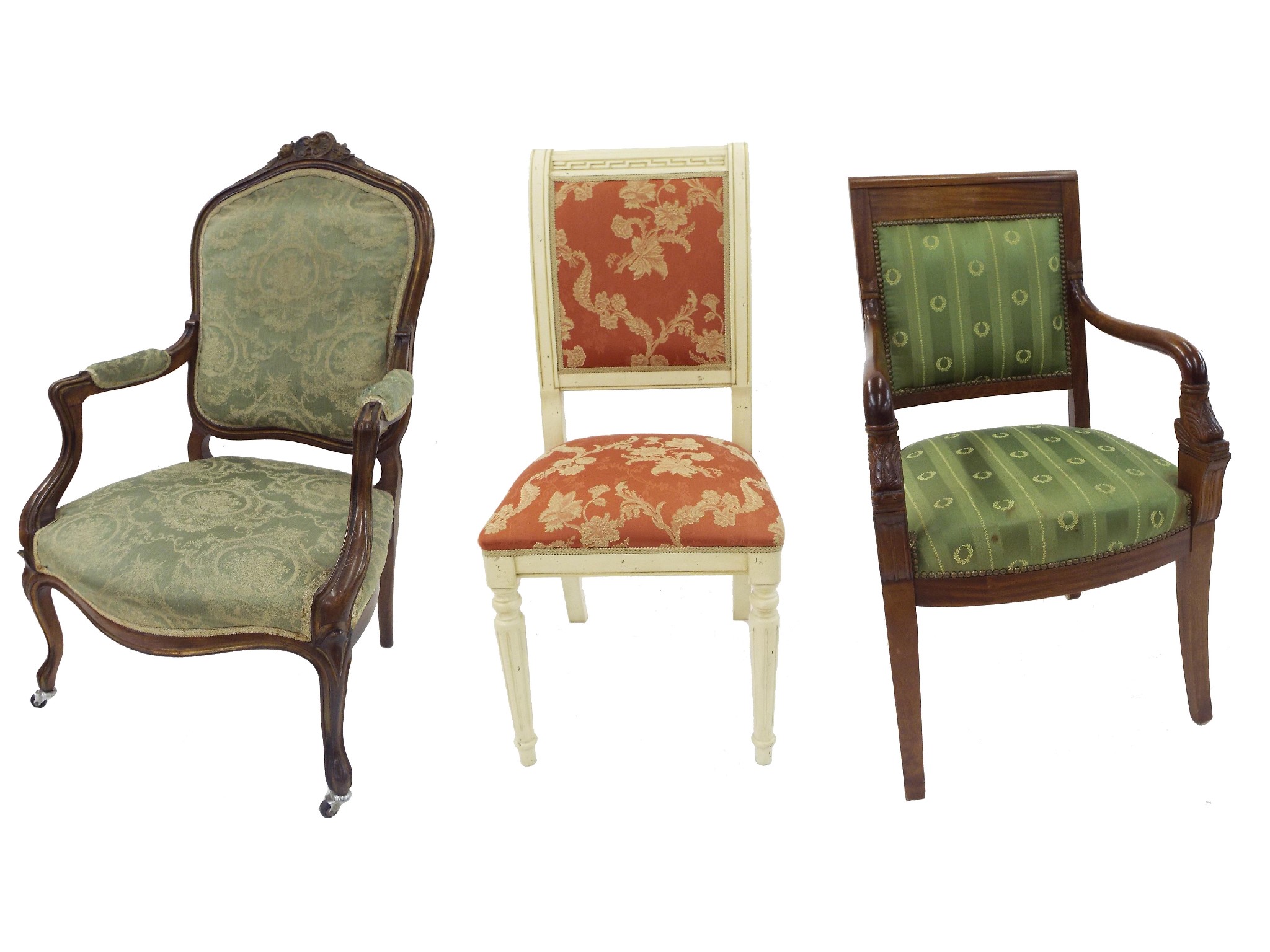 Appraisal: French walnut stuffover fauteuil with rococo type frame and green