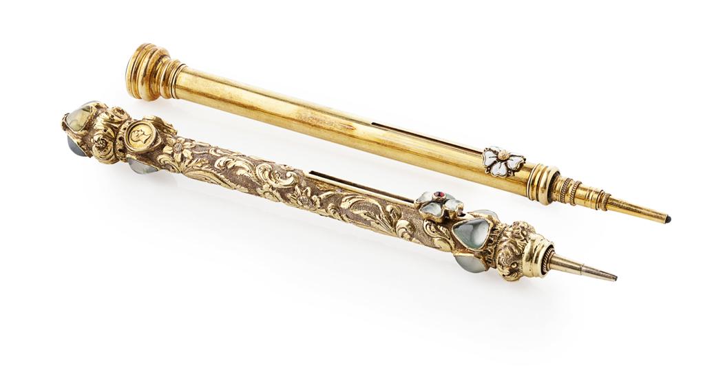 Appraisal: Two late th century gold enamel and gem set propelling