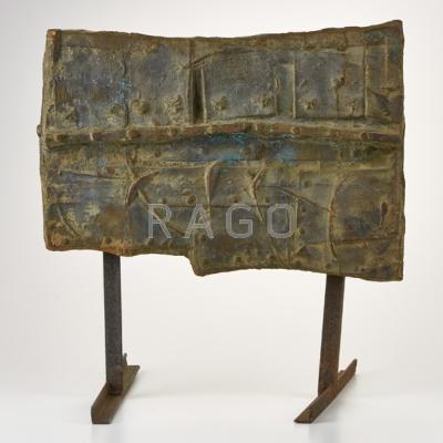 Appraisal: GINO MAROTTA Abstract bronze sculptural plaque mounted on cast-iron standards