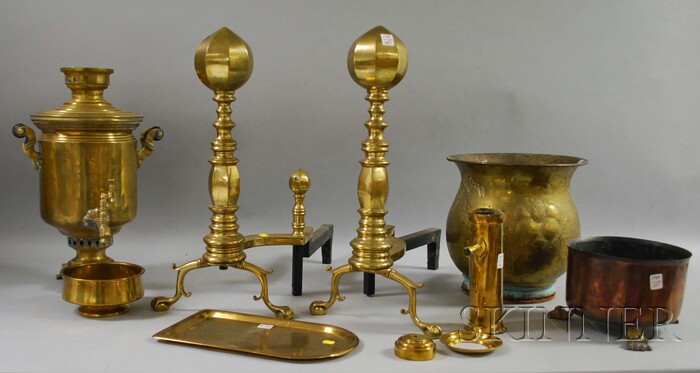 Appraisal: Brass Samovar a Pair of Andirons Jardiniere and a Copper