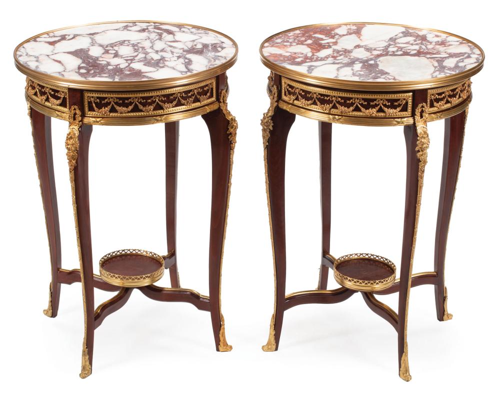 Appraisal: Pair of Louis XVI-Style Bronze-Mounted Mahogany Gueridons variegated marble top