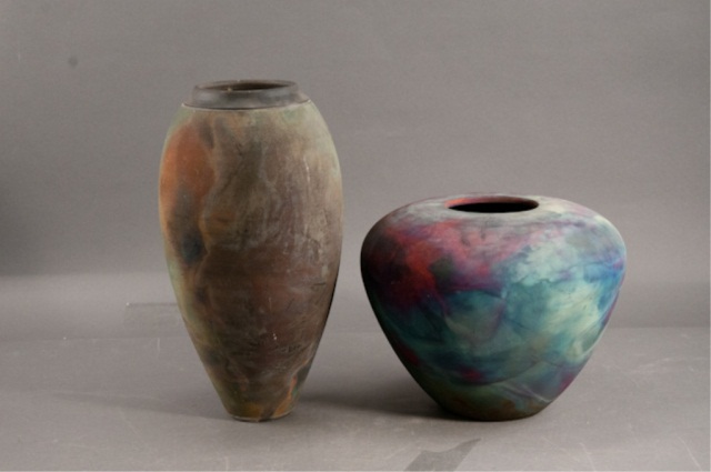 Appraisal: Two Raku Style Art Pottery Vases Leslie Mitchell th c