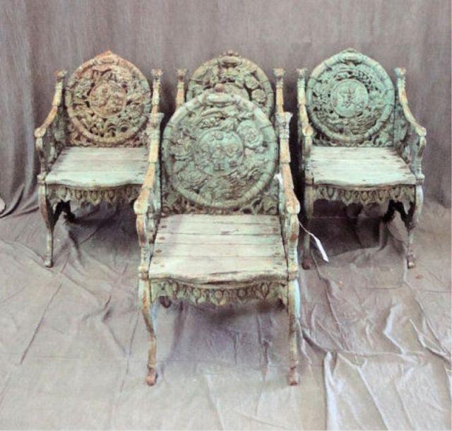 Appraisal: Ornate Iron Chairs with Wood Slatted Seats and Green Patina