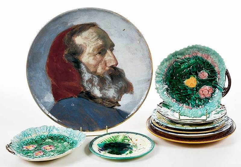 Appraisal: Nine Majolica and Paint Decorated Dishes th th century comprising