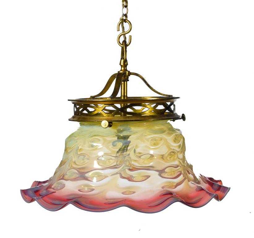 Appraisal: AN EARLY ELECTRIC LACQUERED BRASS AND GLASS HANGING LIGHT with