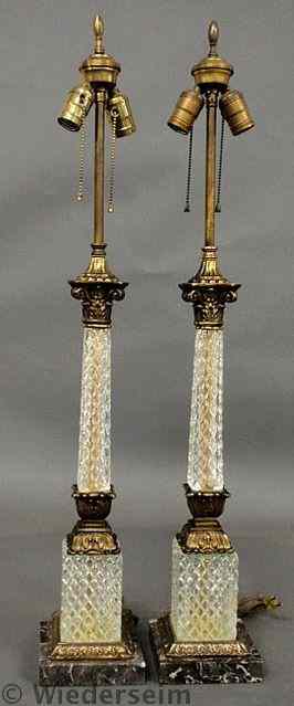 Appraisal: Large Pair of crystal brass and marble classical form table