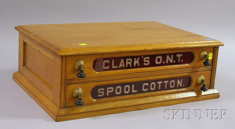 Appraisal: Clark's Ash Two-Drawer Retail Counter Top Spool Cabinet with etched