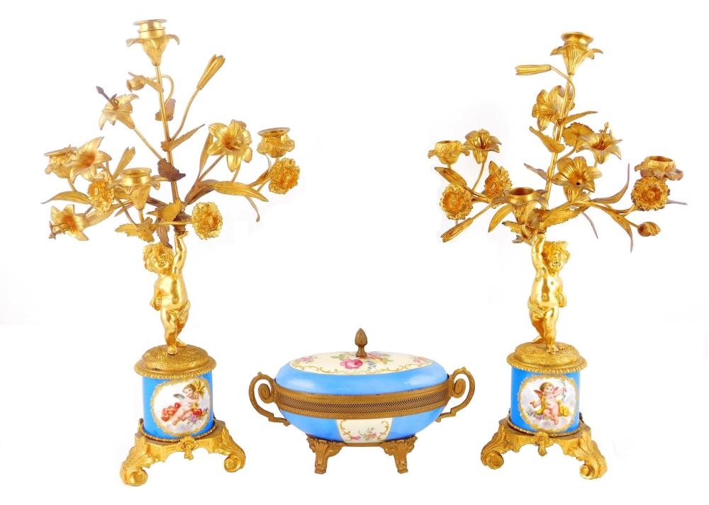 Appraisal: Pair of gilt metal and porcelain candelabra and oval box