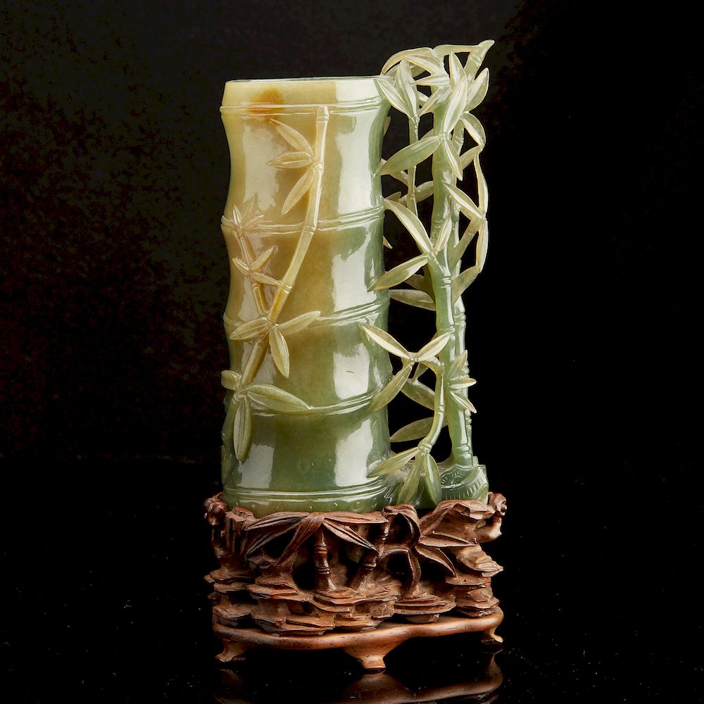 Appraisal: th c Chinese Green Jade Bamboo Brush Pot A very