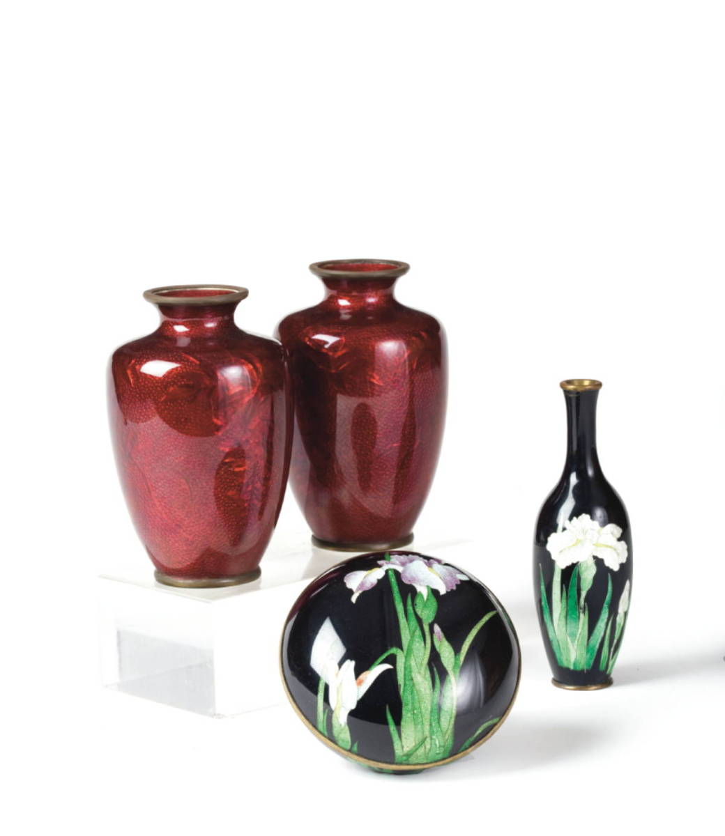 Appraisal: FOUR JAPANESE CLOISONNE TABLE OBJECTS INCLUDING A PAIR OF RUBY