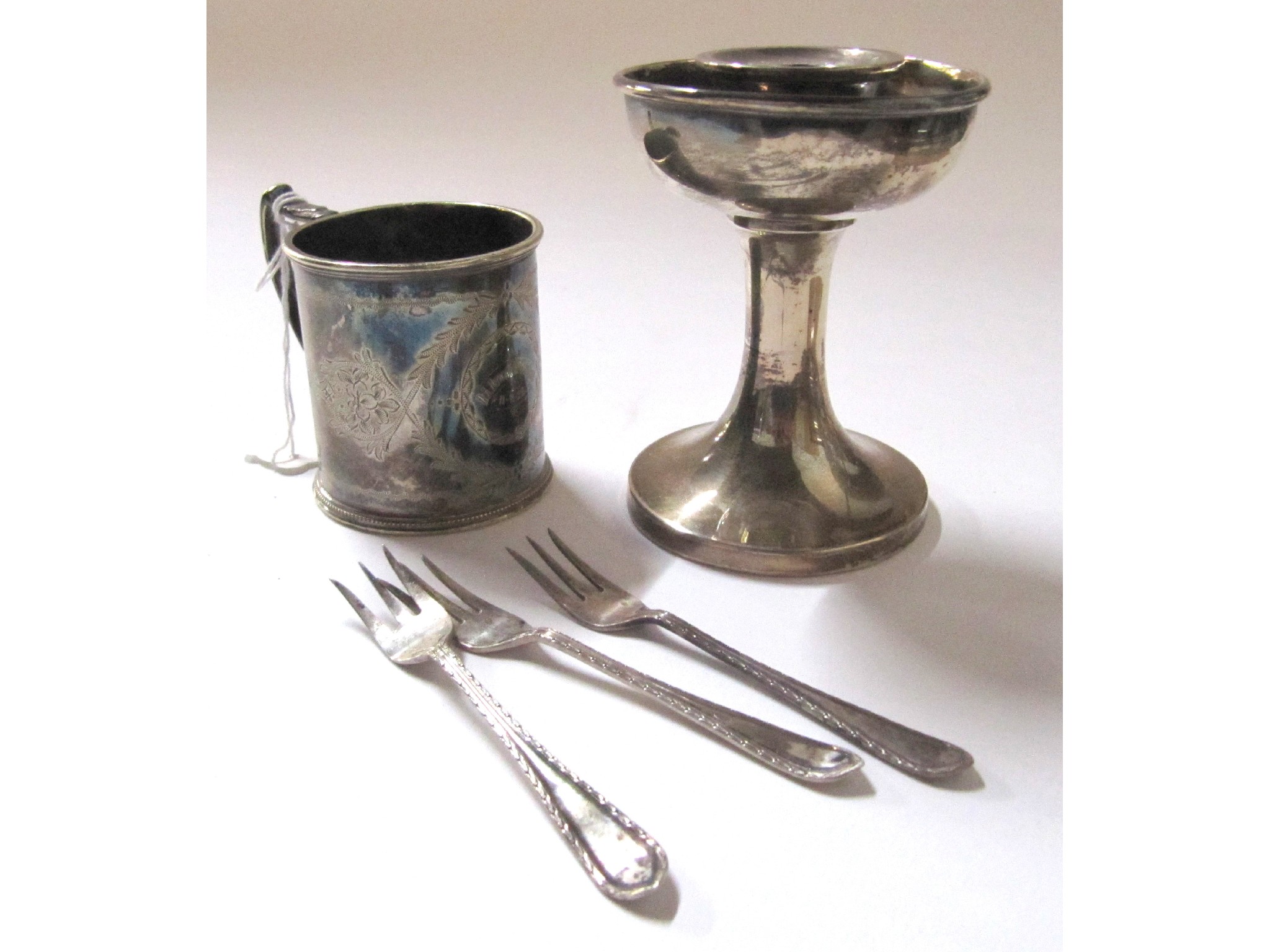 Appraisal: A lot comprising a silver candlestick Birmingham an EPNS christening