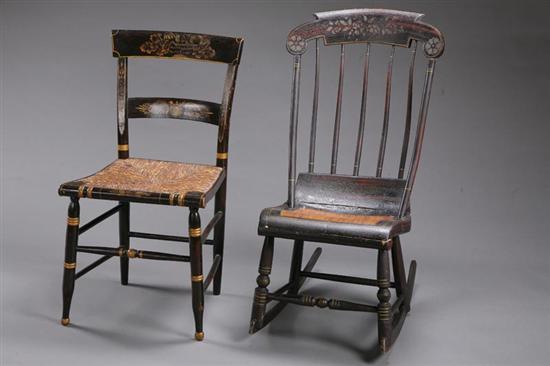 Appraisal: TWO DECORATED CHAIRS Connecticut - mixed woods Labeled Hitchcock side