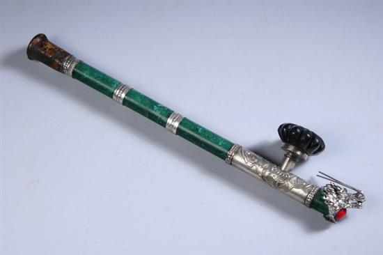 Appraisal: CHINESE SILVER AND MALACHITE OPIUM PIPE th century Wreathing dragon