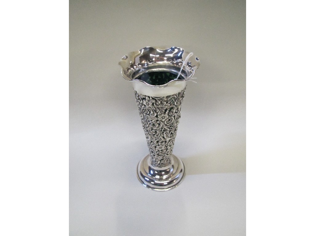 Appraisal: Embossed silver vase with green glass liner Chester marks