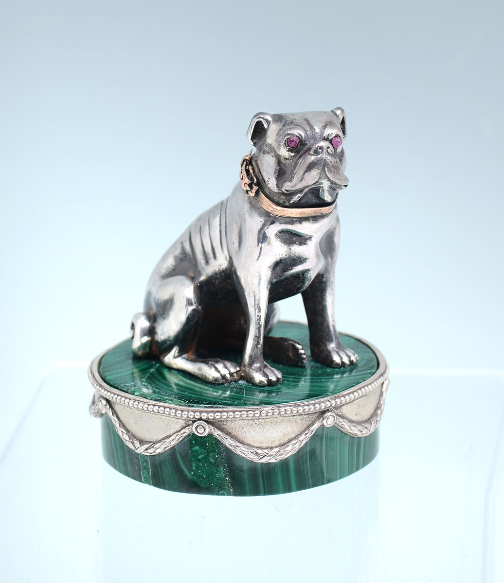 Appraisal: SILVER DOG ON SILVER MALACHITE IN THE STYLE OF FABERGE