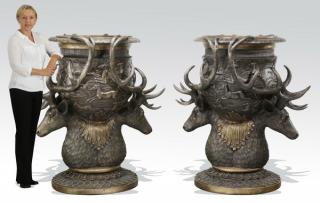 Appraisal: Pair of monumental bronze figural jardinieres h Pair of monumental