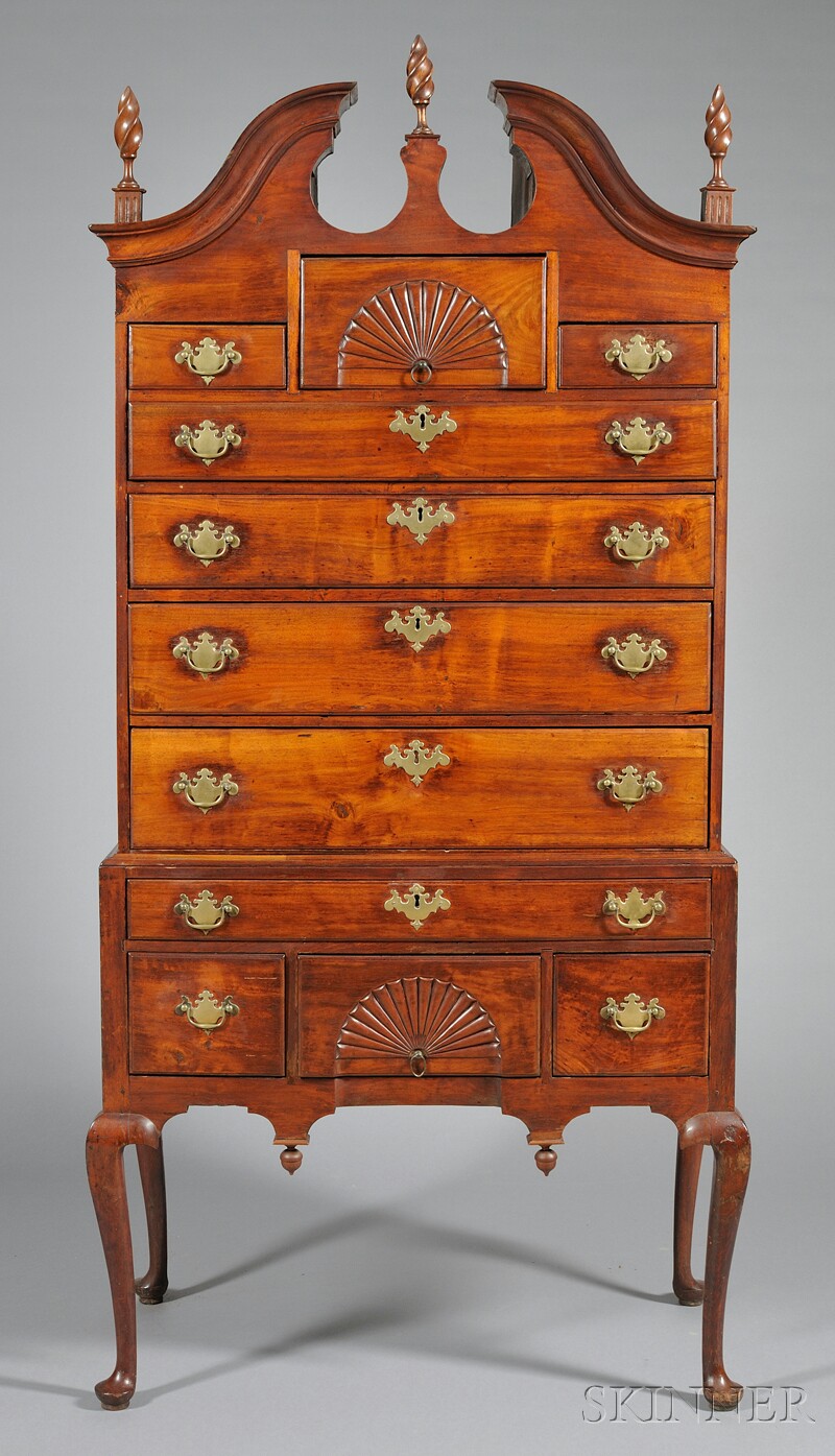 Appraisal: Queen Anne Walnut Fan-carved Scroll-top High Chest of Drawers probably