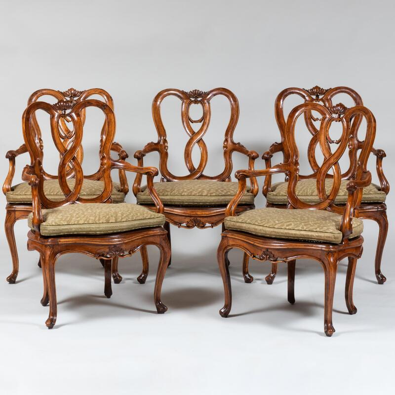 Appraisal: Set of Five Venetian Rococo Beechwood and Walnut Armchairs with