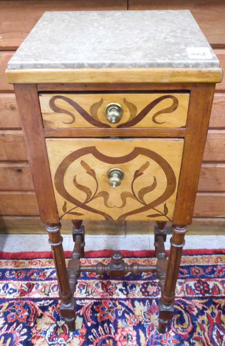 Appraisal: VICTORIAN MARBLE TOPPED AND INLAID PINE NIGHTSTAND Louis XVI substyle