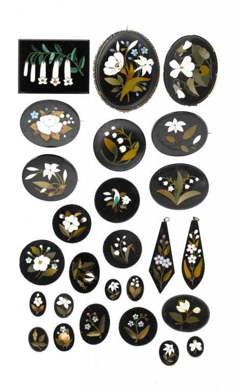 Appraisal: TWENTY SEVEN DERBYSHIRE BLACK MARBLE PLAQUES FOR BROOCHES AND EARRINGS