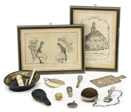 Appraisal: Group of sewing accessories and fashion engravingsenglish and continental th