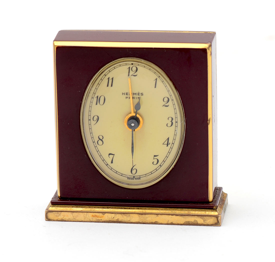 Appraisal: HERMES PARIS COMPACT TRAVEL CLOCK IN SUEDE CASE A fabulous