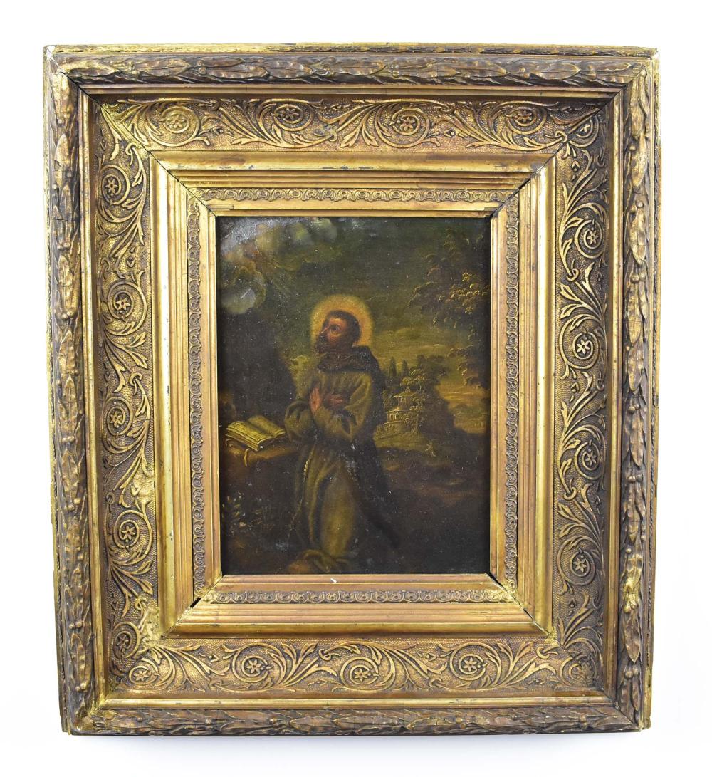 Appraisal: LATIN COLONIAL SCHOOL TH CENTURY PAINTINGSaint Francis at Prayer A