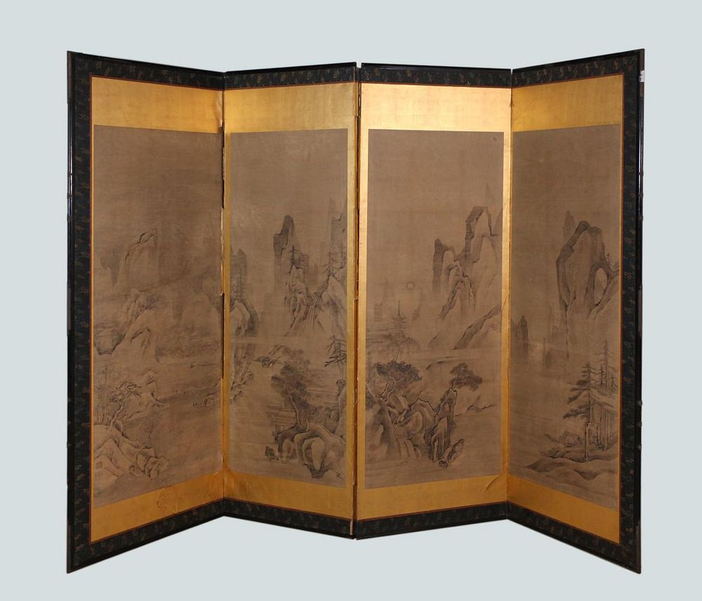 Appraisal: Japanese panel screen possibly th c landscape motif overall in