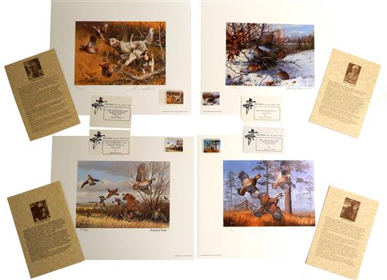 Appraisal: Four International Quail Research Foundation stamp prints with corresponding stamps