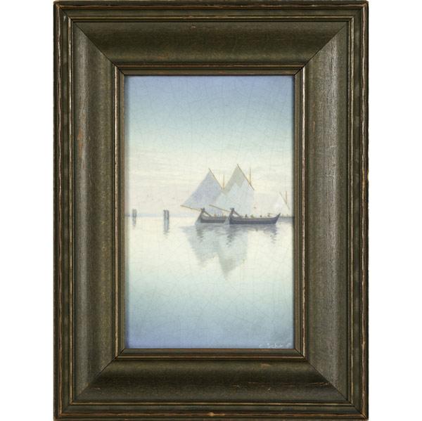 Appraisal: ROOKWOOD Scenic Vellum plaque painted by Carl Schmidt Quiet Reflections